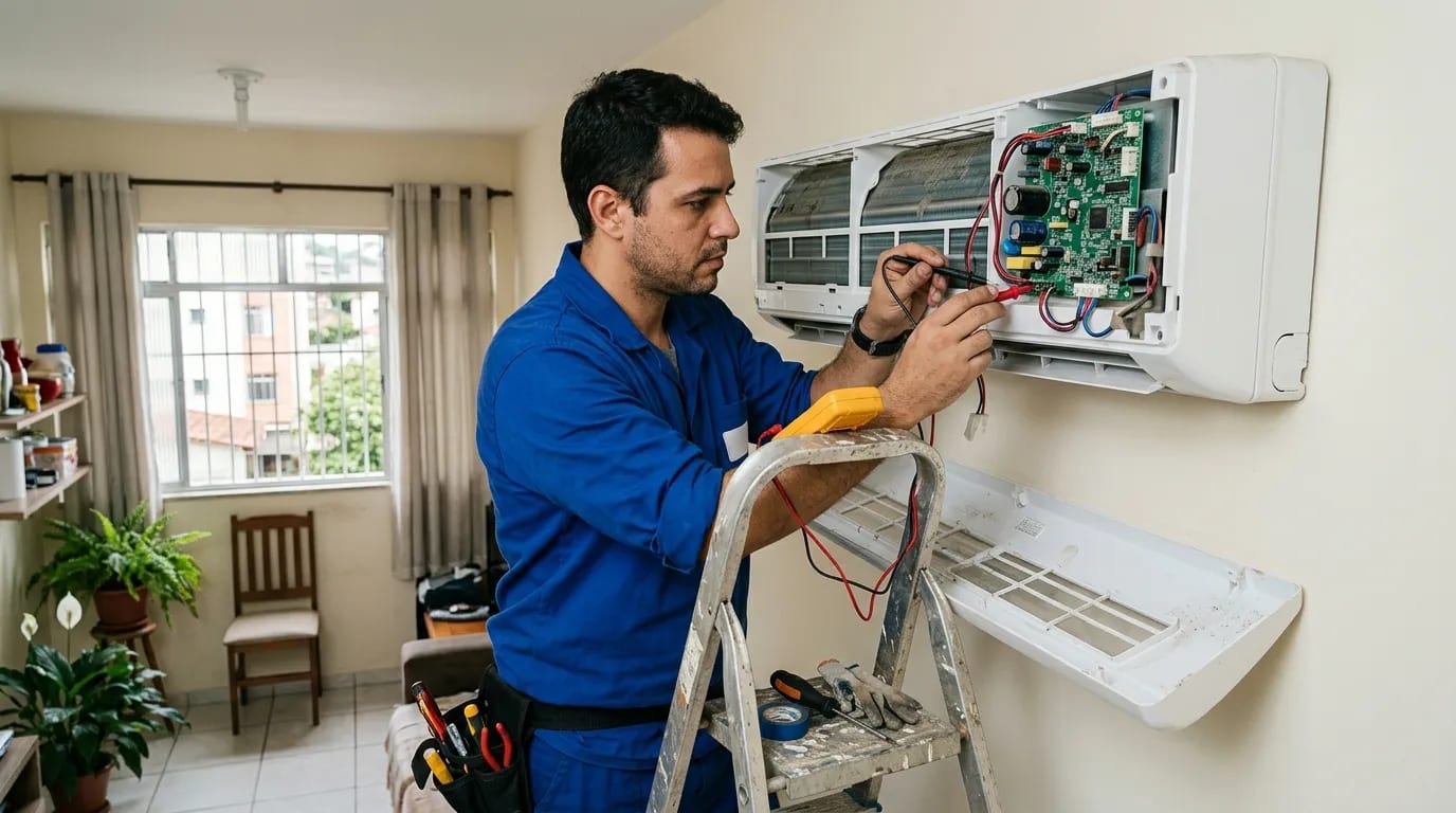 Eletricista ligando a placa do ar-condicionado split em Vitória da Conquista‑BA